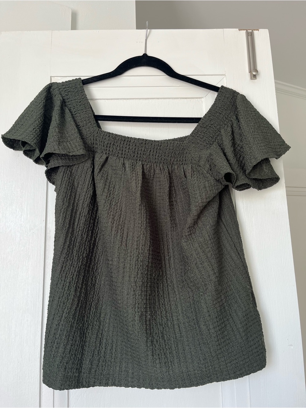 LOFT Olive Green Smocked Square Neck Flutter-Sleeve Top
